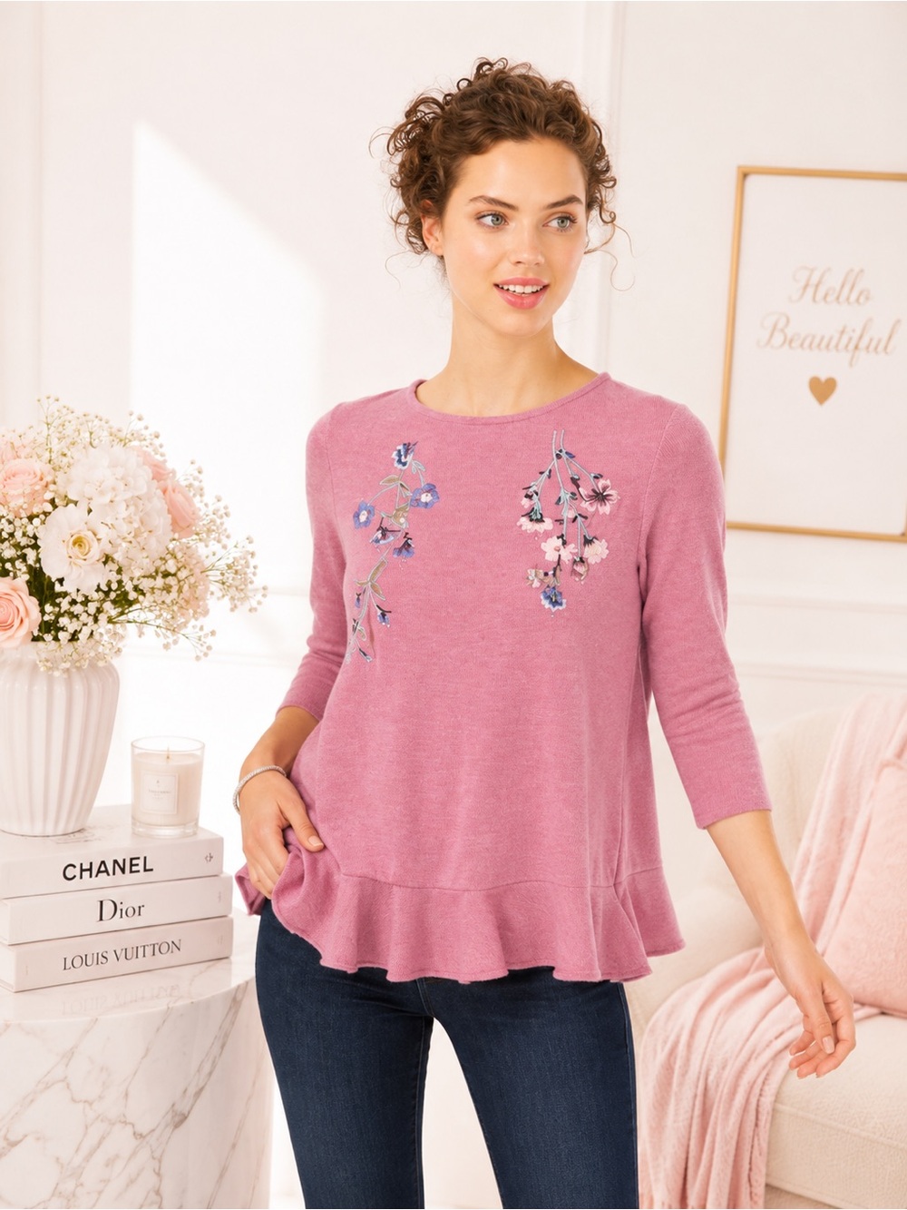 LC Lauren Conrad Pink Floral Embroidered Peplum Sweater Top Sizes S L